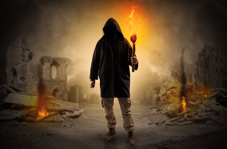 destroyed-place-after-a-catastrophe-with-man-and-burning-flambeau-concept